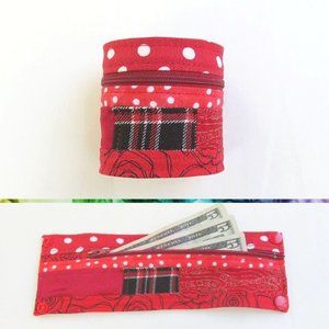 Wrist Wallet Cuff - Red Patchwork - Upcycled
